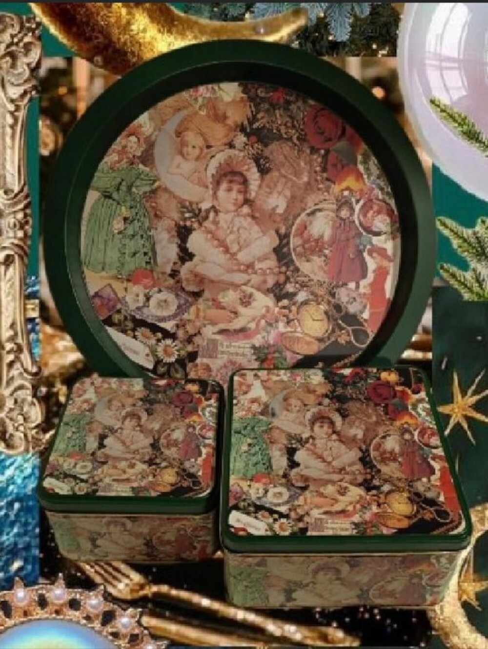 Set Of 3 Matching VTG Whimsical Victorian Christmas Collage Tin Boxes & Tray